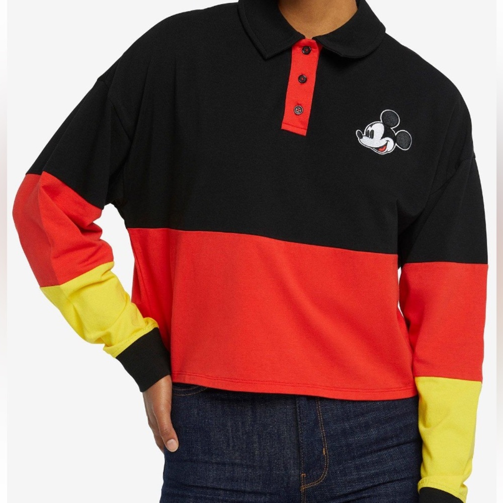 Disney Mickey Mouse‎ Color Block Crop Long Sleeve Polo Shirt Hot Topic